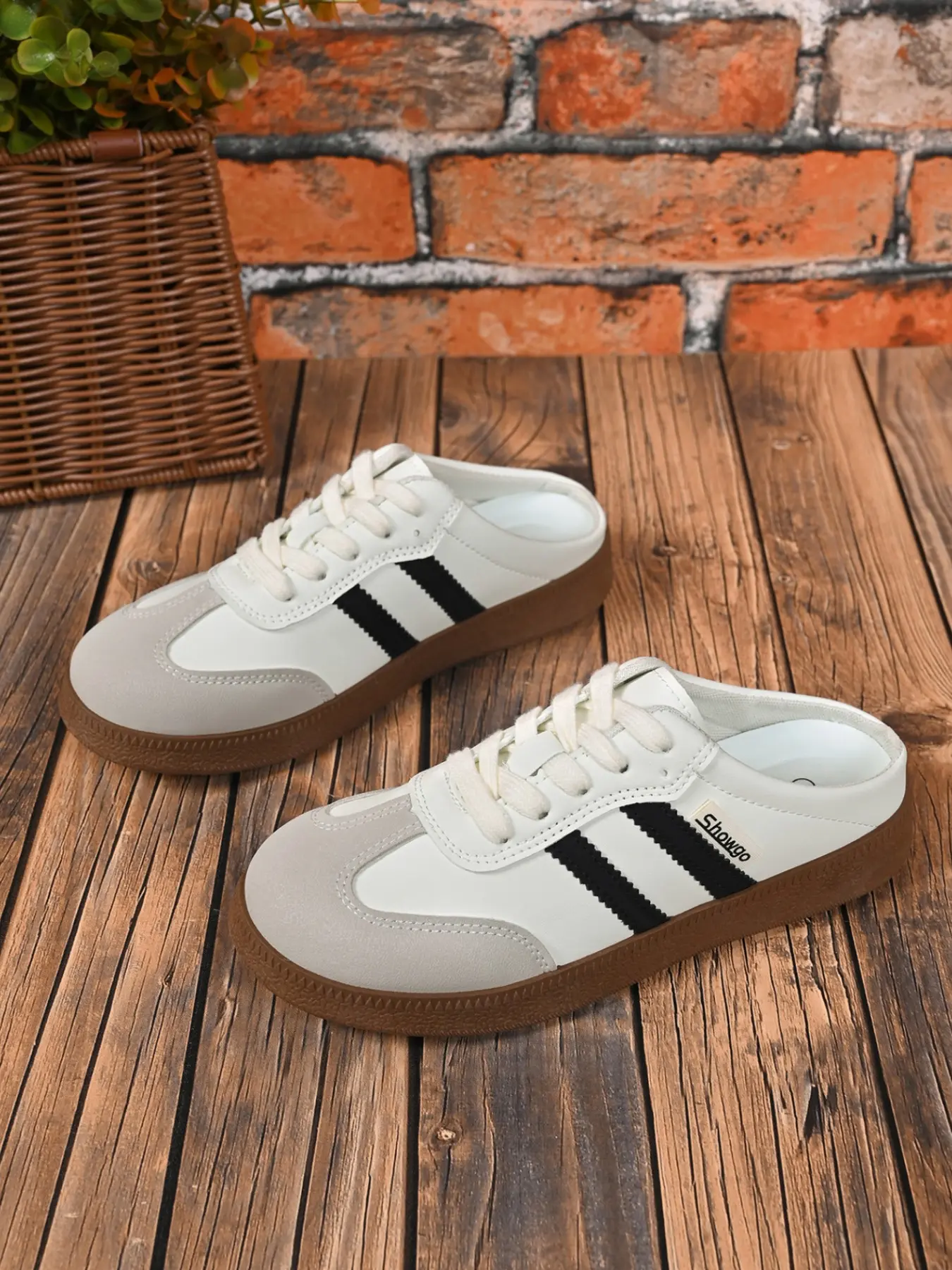Women 2 Stripes Patchwork Backless Trainer Mule Slides Summer Slip On Closed Toe Sneaker Flats, Two Tone Color Block Lace Up Cushioned Gum Rubber Flat Sole Street Daily Commute Footwear, 2 Colors White Black Stripes White Red Stripes
