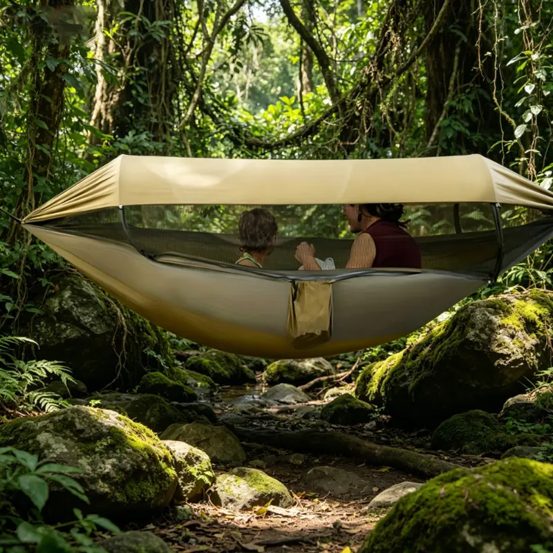 Anti-Mosquito Hammock with Sun Protection Canopy, 2-Person Quick Setup Camping Hammock, Lightweight Portable Nylon Swing Bed for Outdoor, Hiking, Backpacking, Picnic