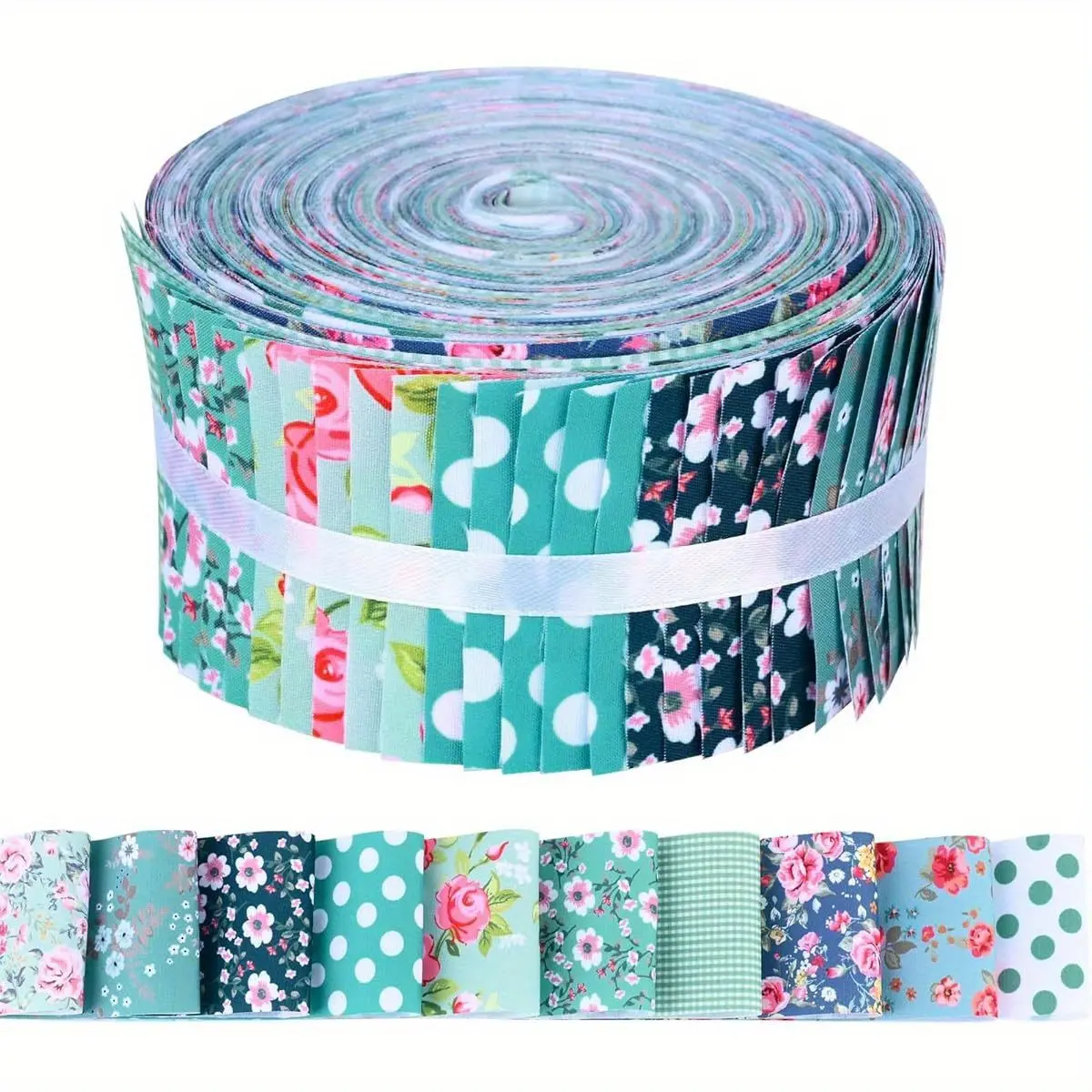 40Pcs Blue Floral Fabric Strips 2.55x19.7 Inch Precut Quilting Fabric Rolls Assorted Patterns Cotton Fabric Bundle for DIY Patchwork and Doll Clothes