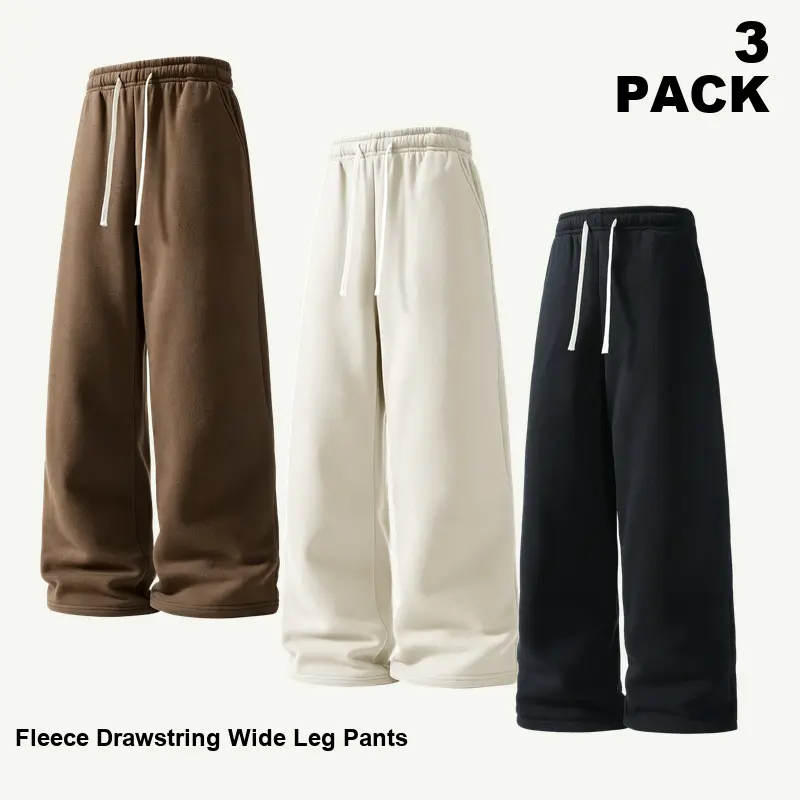 Men's Sweatpants 3-Pack, Loose-Fit Full-Length Solid Color Wide Leg Pants with Drawstring Waist and Pockets, Baggy Sweatpants, All-Season, Elastic Waist