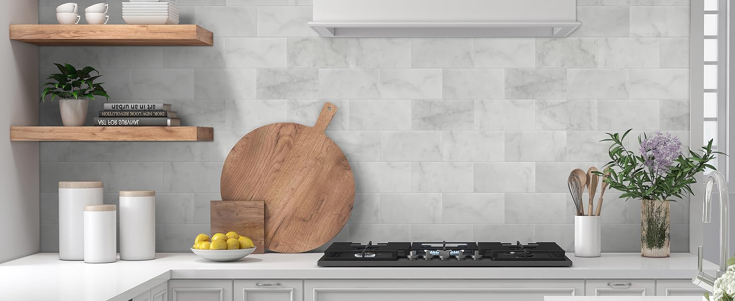 40-Sheet Subway Peel and Stick Natural Stone Self Tiles, 6" x 3" Stick on Backsplash for Fireplace, Carrara White