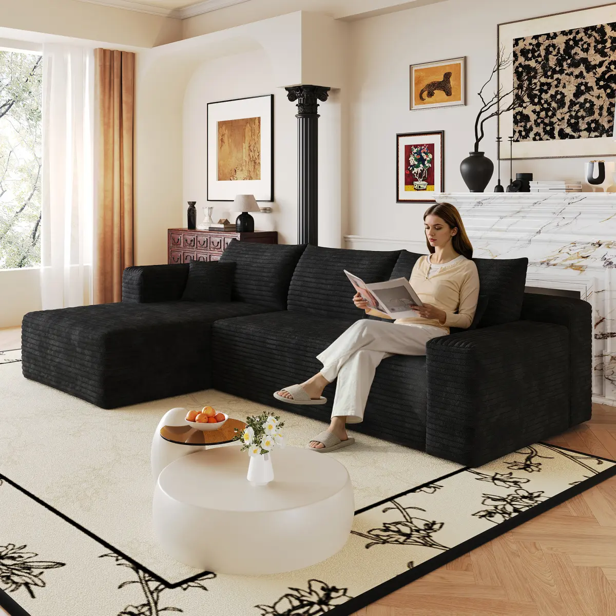 103" Cloud Sectional Couch,Boneless Cloud Modular Sectional Sofa, L-Shape Corduroy Couch,Deep Seating Comfort, No Assembly, Ideal for Apartments & Small Living Rooms (Black,Left Facing)
