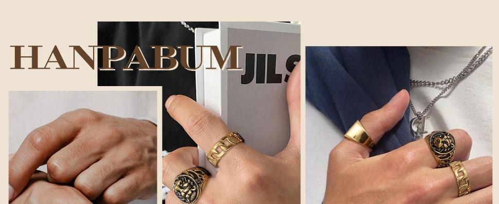 FUNRUN 3Pcs 14K Gold Plated Rings for Men Women Chunky Cuban Link Ring Size 7-15