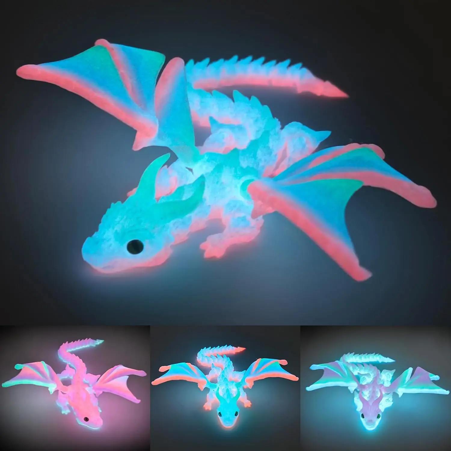 3D Printed Dragon with Wings, 3D Printed Animals Toys, Fidget Dragon Toys, Dragon Glow in the Dark Flexible Articulated Winged Crystal Dragon Model, Desktop Deco, Stocking Easter Basket Stuffersfidget toys