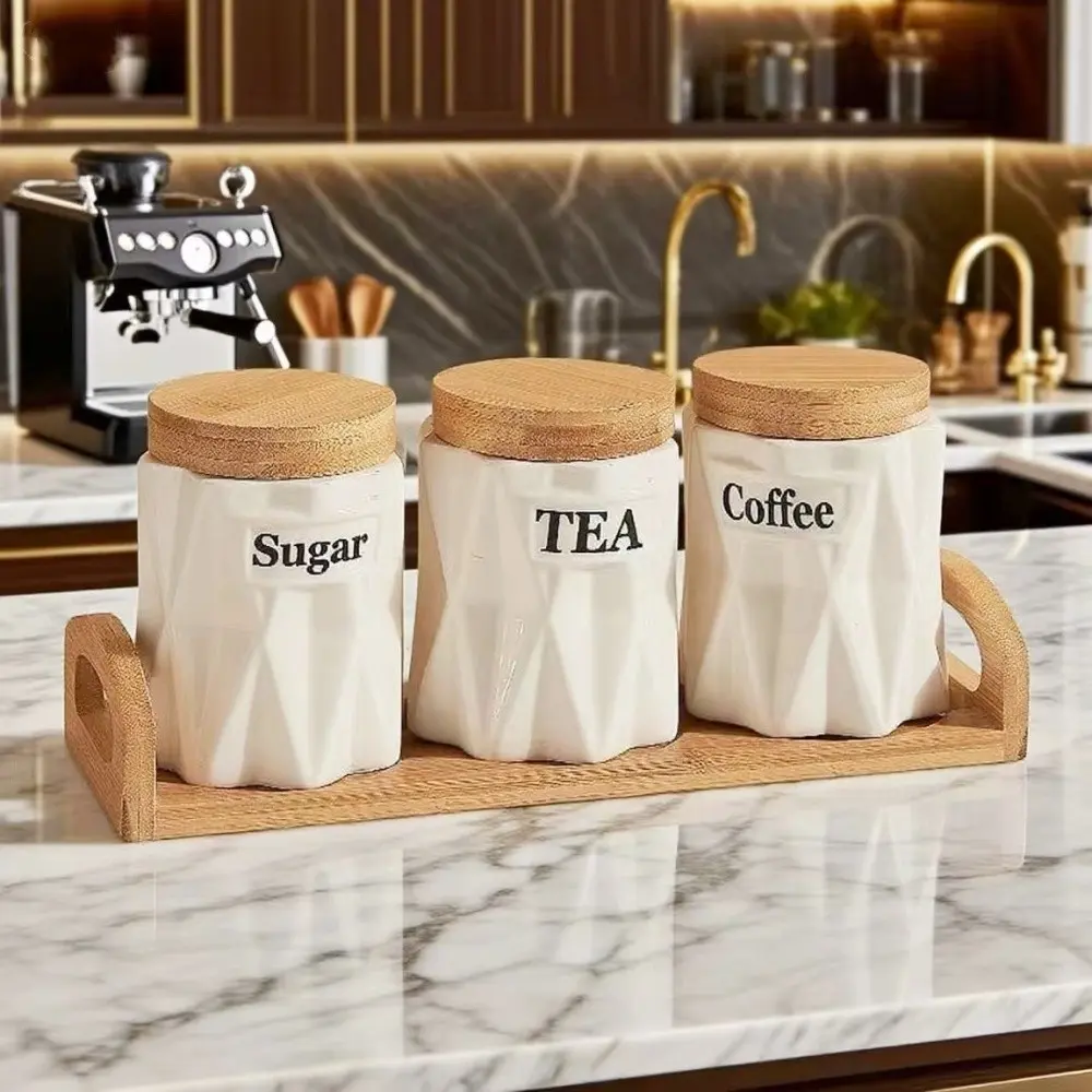 Three-Piece Ceramic Sealed Jar Set, Elegant Aesthetic Kitchen Coffee Bean Jar Storage, High-Quality Jewelry Box, Perfect for Holidays and Parties, Canister