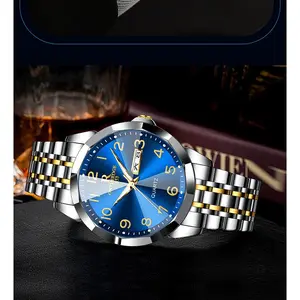 Men's Day-Date Watch with Large Arabic Numerals, Luminous, 30M Water Resistant, Diamond-Cut Glass, Stainless Steel Strap, 40mm