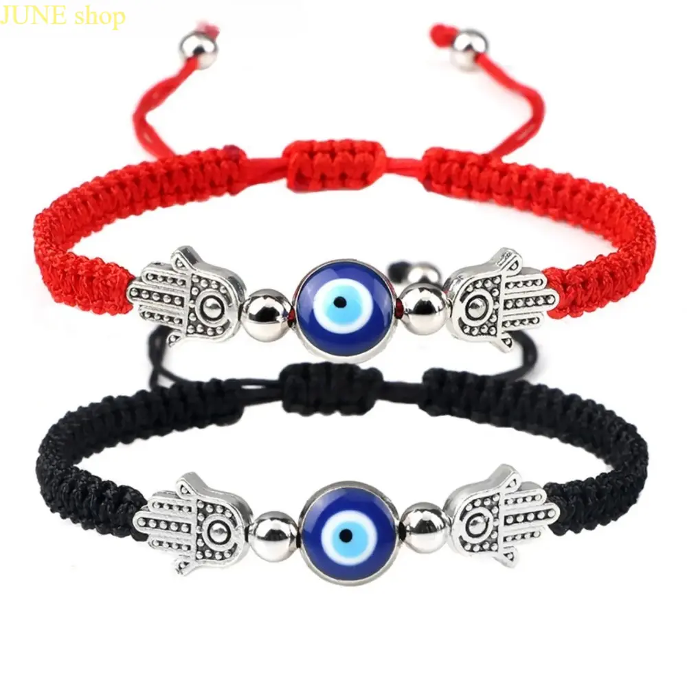 Turkish Evil Eye Braided Rope Bracelet with Charms, Unisex Adjustable Fashion Jewelry, Friendship Gift in Red or Black, Decorative Charms