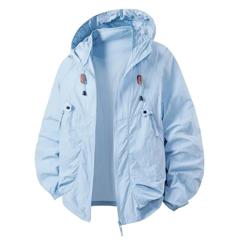Men's Plain Spring Summer Lightweight Breathable Hooded Sun Protection Jacket - Menswear Tops Coats, Adjustable Drawstring Hood, Snap Slip Pockets, UV-Resistant Fabric, Versatile Casual Style, Ideal For Outdoor Hiking, Daily Commute, Nylon Fabric, Lightwe