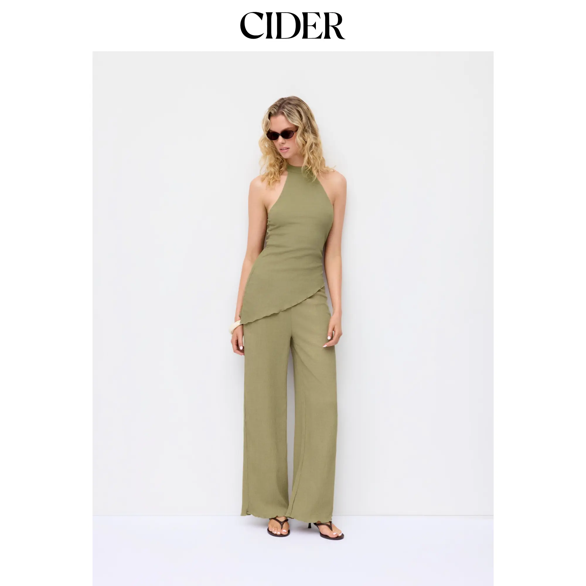 Cider Textured Halter Neck Asymmetrical Top & Low Rise Straight Leg Trousers Set SohoChic