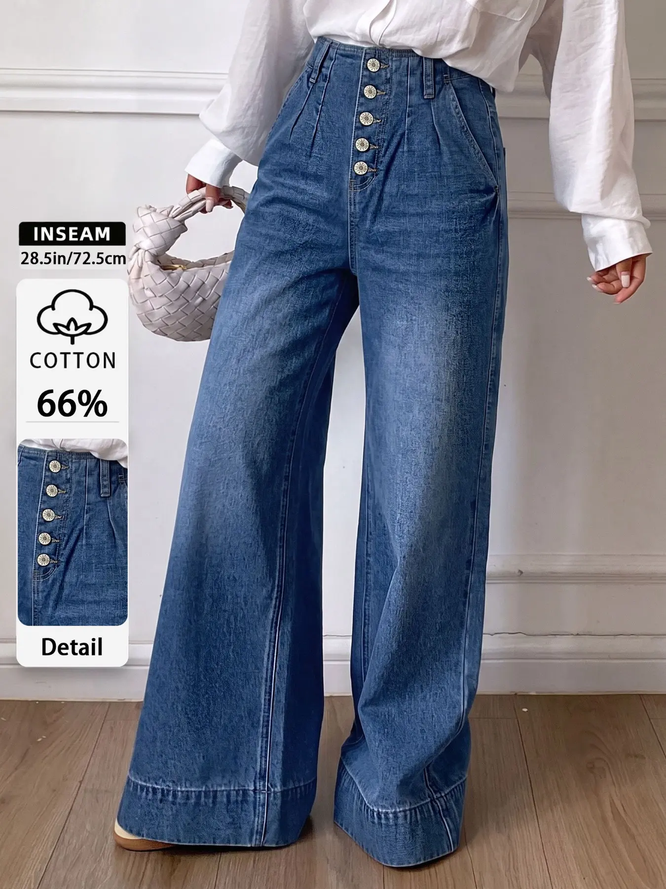 New High Waisted Baggy Wide Leg Jeans, Stretchy Distressed Washed Denim Trousers with Whiskering, Loose Comfy Pants for Everyday Casual Wear