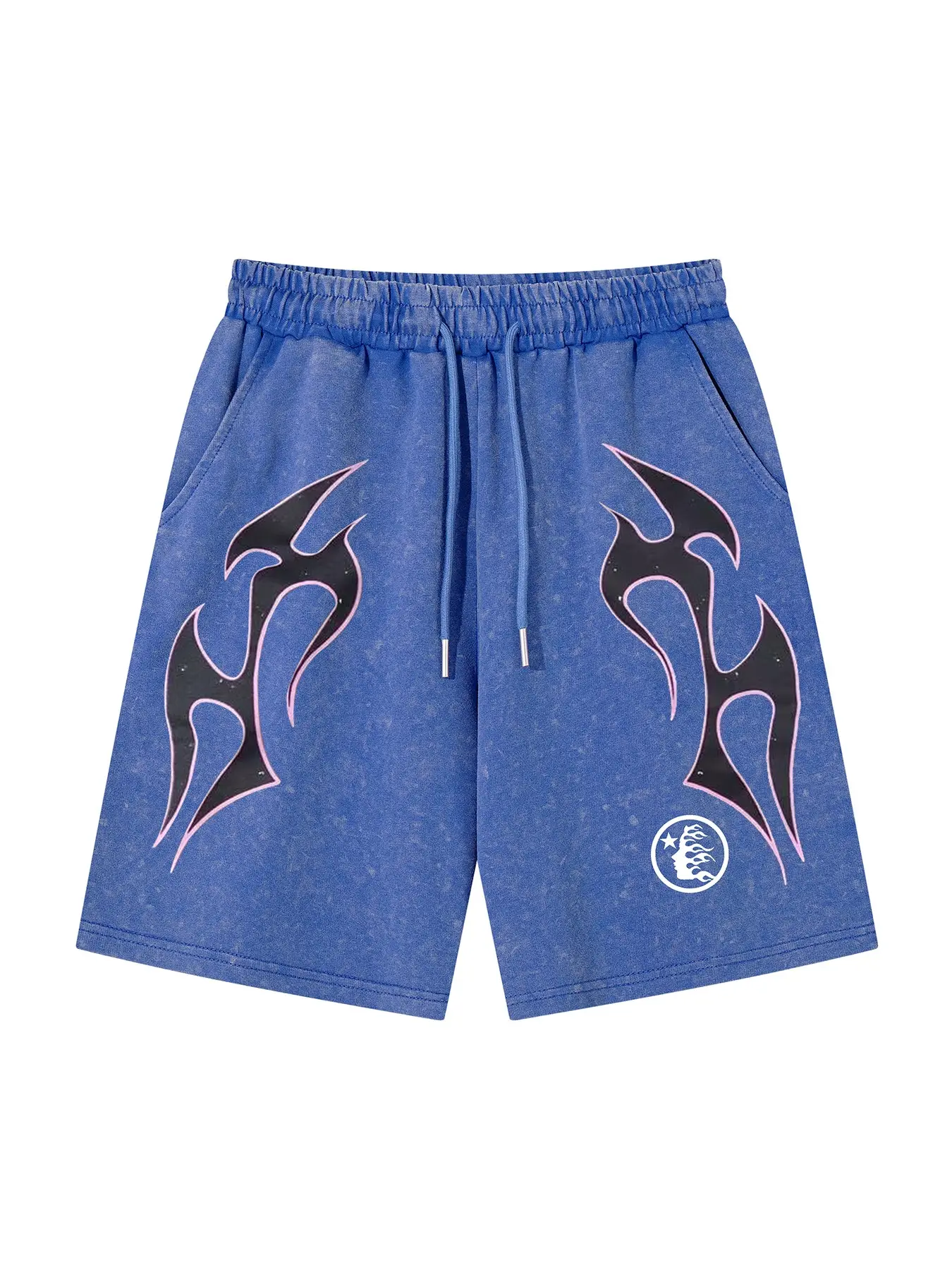 Men's Summer Trendy Graphic Loose Shorts, Vintage Dark Street Style, Washed Tie-Dye Letters & Flame Stars, Casual Sport Pants, New Fashion