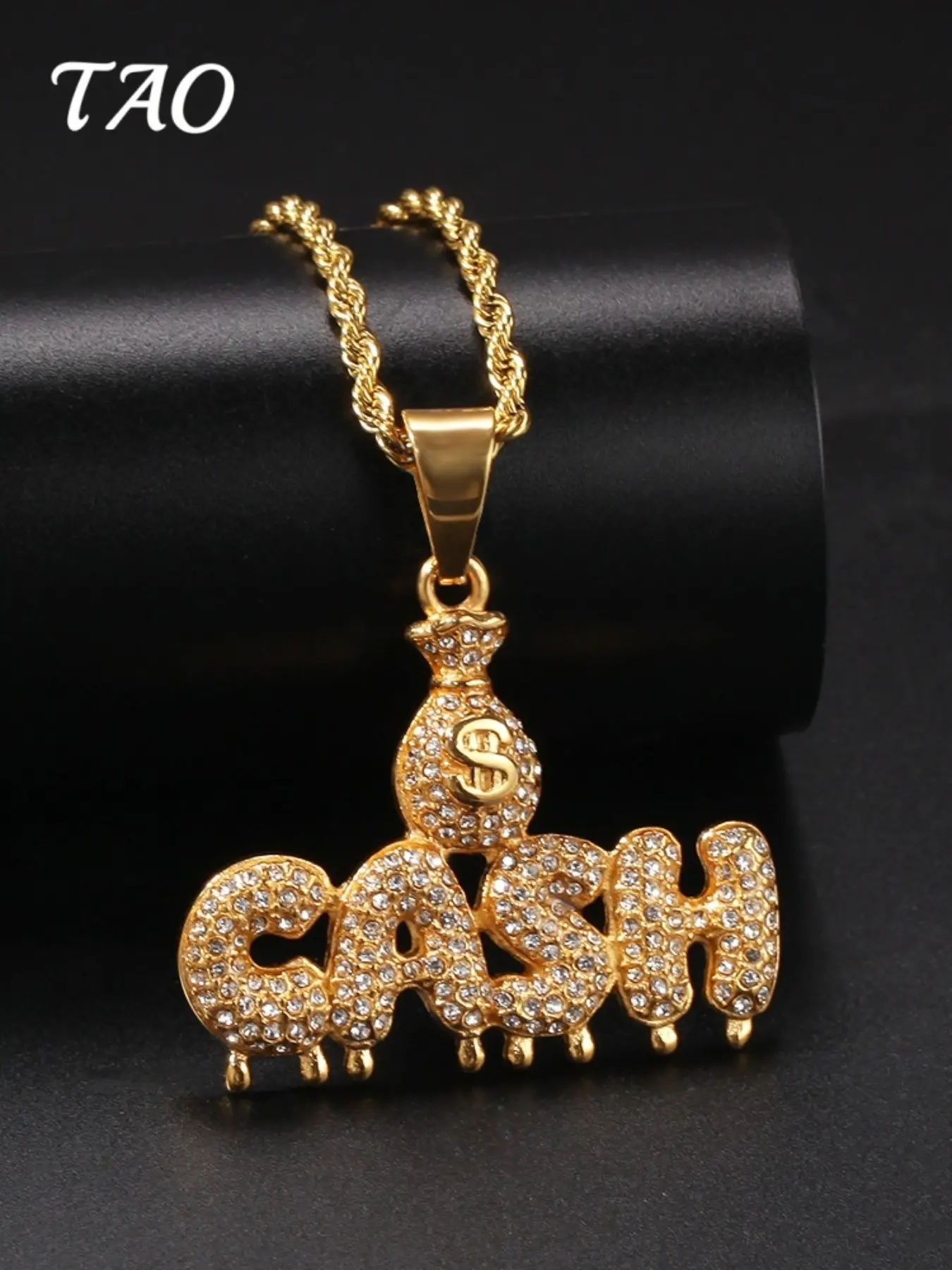 TAO-Creative Zircon Embedded Cash Letter Pendant Necklace, Jewelry Necklace, 24inch Braided Chain, Hip Hop Style, Luxurious and Versatile, All Seasons