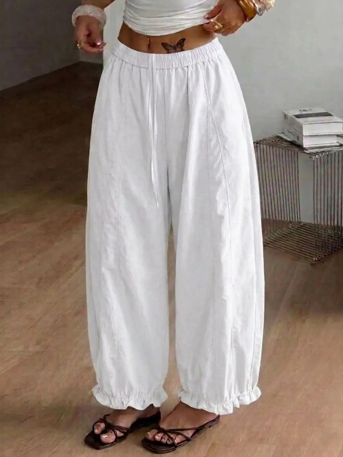 Women's Casual Oversized Baggy Harem Pants, Loose Fit Adjustable Drawstring Elastic High Waist Trousers, Vertical Seam Design Ruffle Frill Trouser Hem Lightweight Wide Leg Bubble Joggers, Vacation Lounge Balloon Bottoms