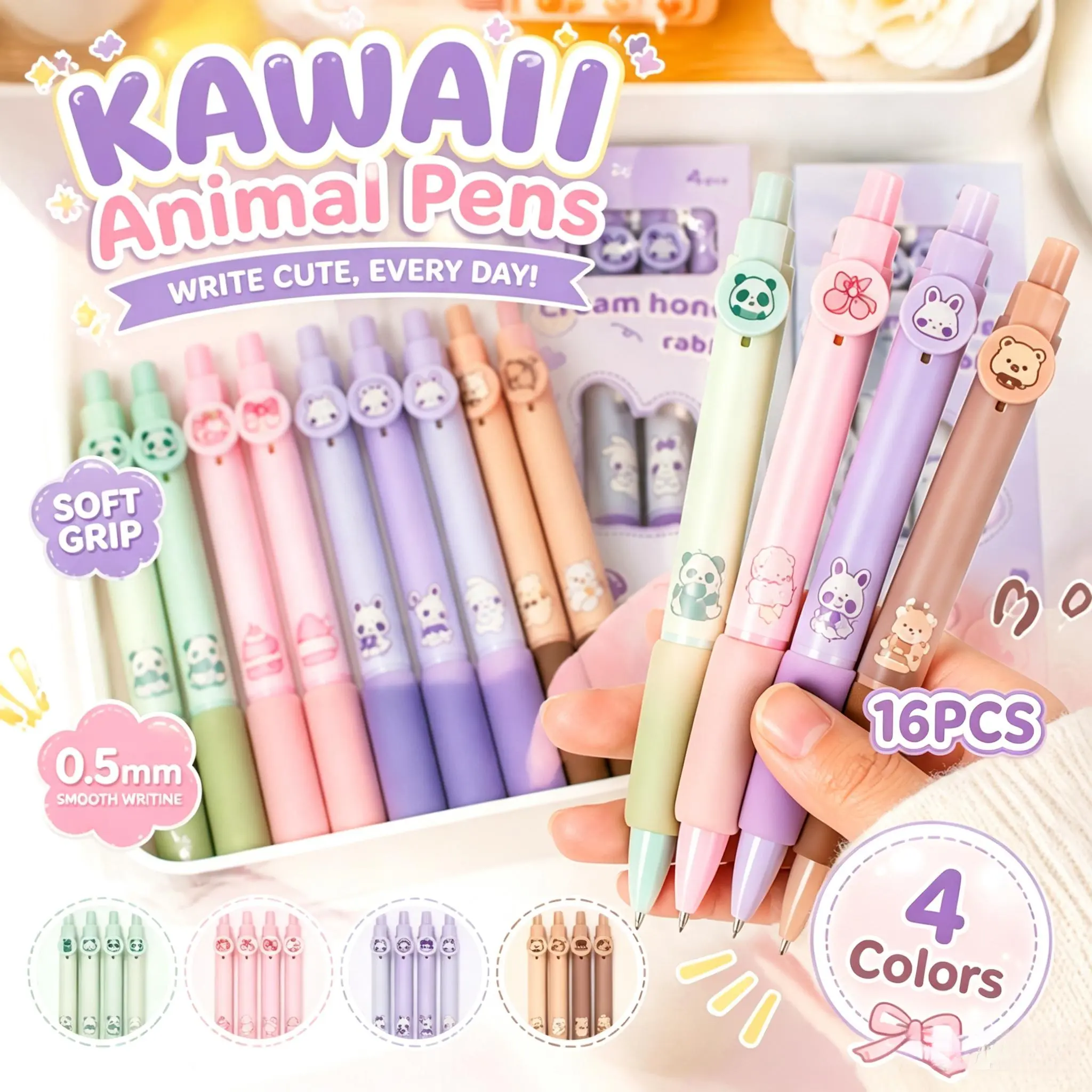 16 piece set simple cartoon erasable gel pens with cartoon animal designs, colour matching design, minimalist style, soft cloud grip, smooth writing, no smudging, DIY writing note taking with large capacity black gel pens