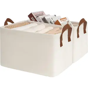 2-Pack Large Storage Baskets for Shelves, Fabric Storage Bins with Metal Frame, Closet Organizers and Storage Boxes for Clothes Toy, Beige