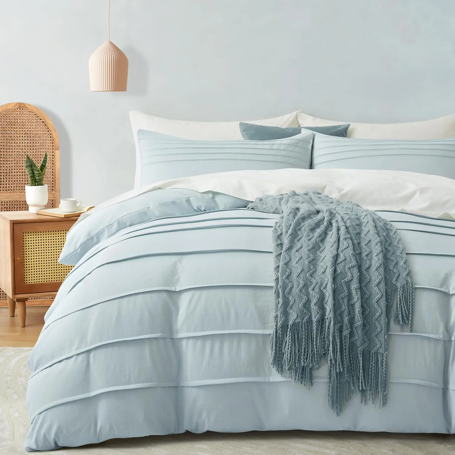 3PCS Pleated Duvet Cover Set, Cornflower Blue, Queen| Wrinkle Texture, Soft & Breathable, All Season Bedding Set, Hidden Zipper, 8 Corner Ties, Machine Washable