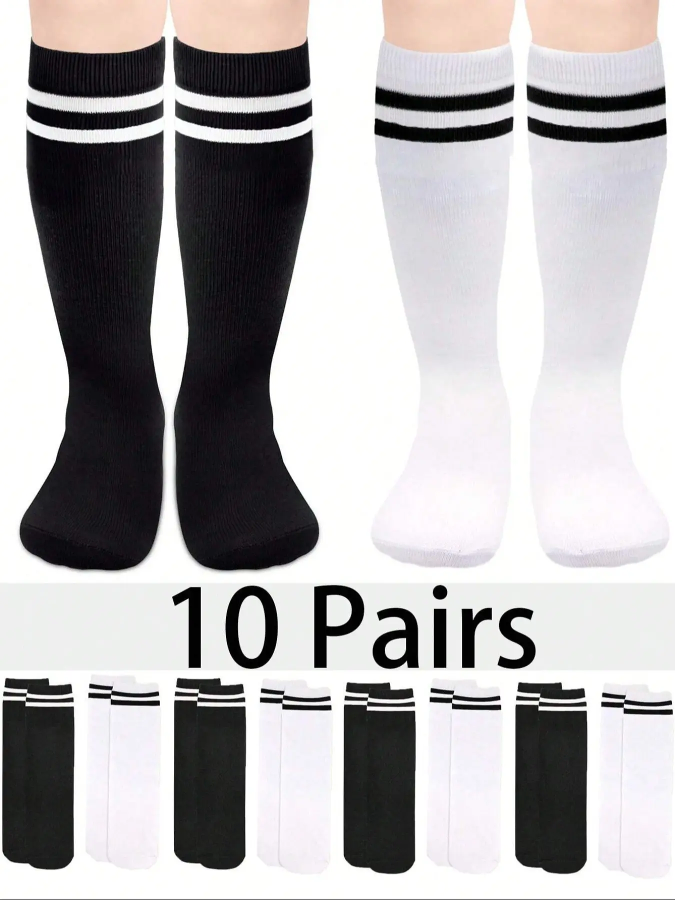 10 Pairs Kids Football Socks, Unisex Knee-High Cartoon Pattern Crew Socks, Fitted Plain Surface Long Socks for Fall & Winter
