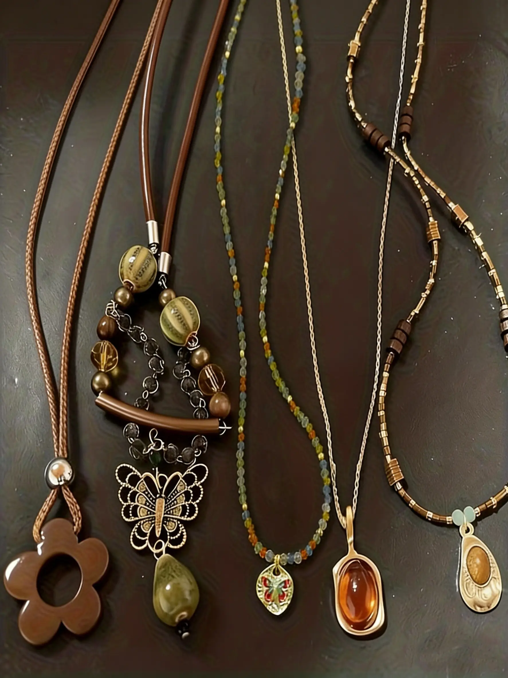 Boho Style Vintage Handmade Beaded Pendant Costume Jewelry Necklace Set, Geometric Long Leather Cord Layered Mixed Necklaces for Women