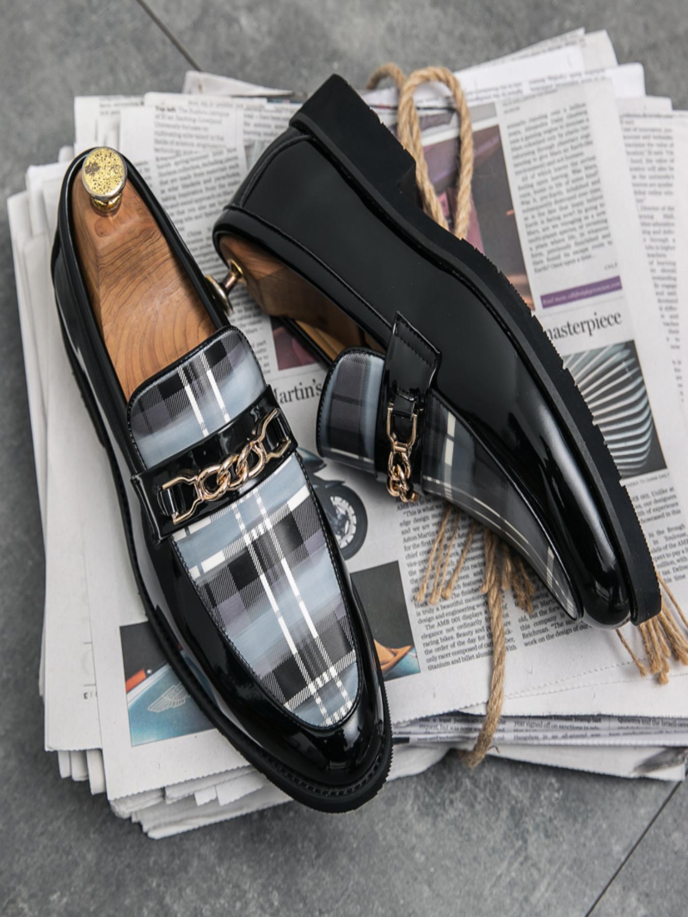 Men's Fashionable Tartan Pattern Chain Decor Loafers, Casual Comfortable Slip-on Shoes for Daily Wear, Fashion Shoes for Party, Daily Clothing Decor