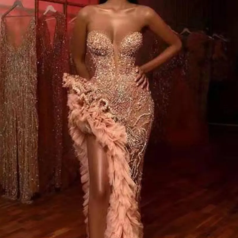 2025 official spring new European and American women's clothing annual meeting fringed tail sexy sequined tube top dress Chic Elegance Feminine Fitted chayce standing collar stretch Formal Flared Style Womenswear Casual Overall