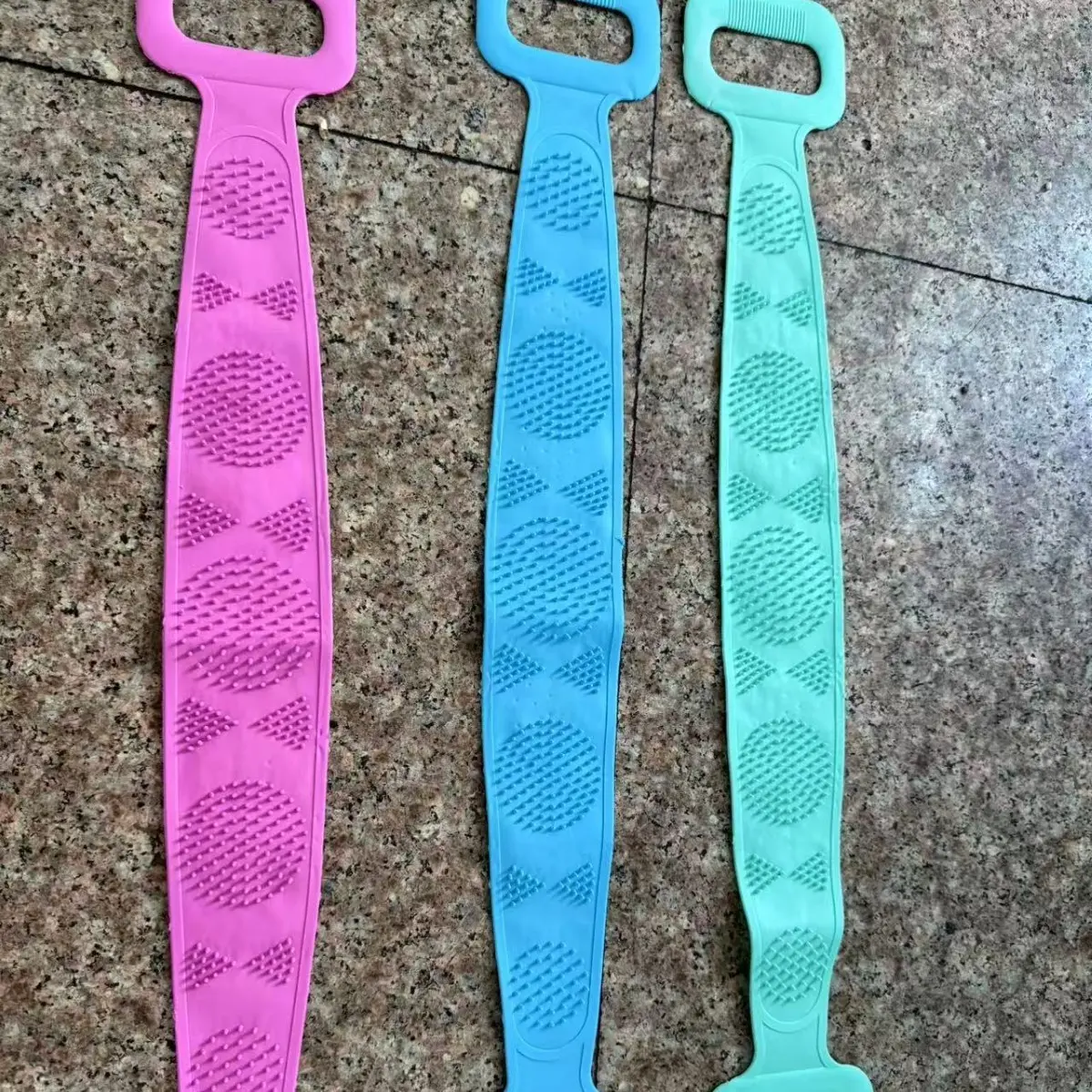 3pcs Green Purple Blue Mixed Set Body Sponge Silicone Brush Bath Towel Scrub Back Massage Exfoliating Back Scrubber Shower Extension Light Beige Cleansing Brush Scrubbing Brush Exfoliating Tool