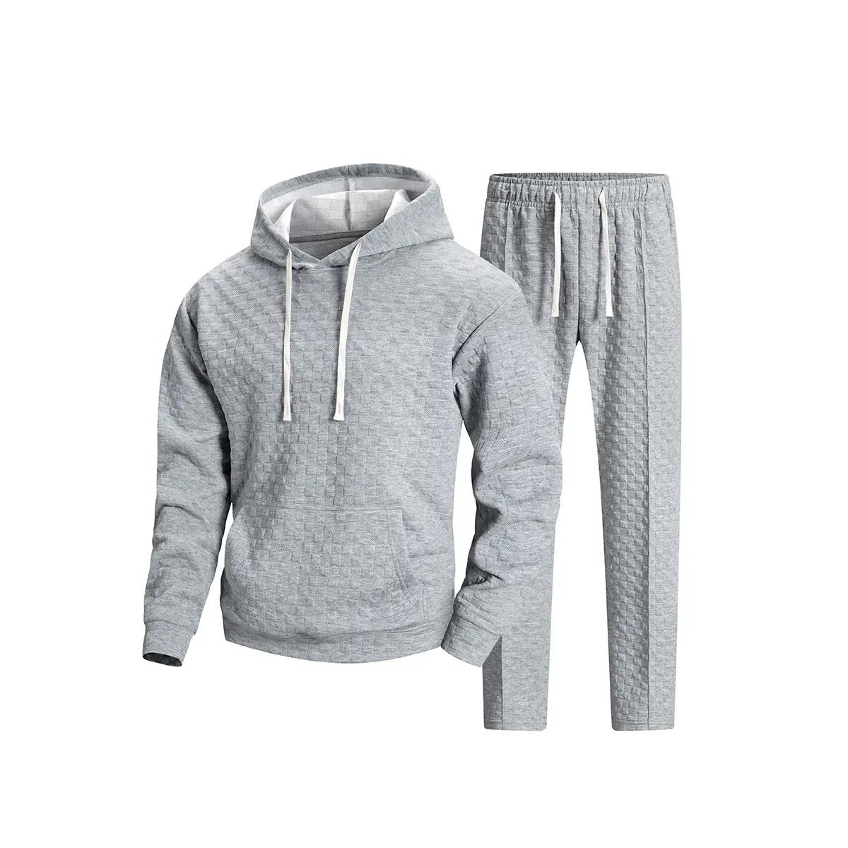 Men's light gray checkered waffle texture two-piece sports set, drawstring hooded sweatshirt, kangaroo pocket+elastic drawstring straight leg pants, soft and breathable daily street sports set, gym casual wear, spring and autumn simple comfort set, men's