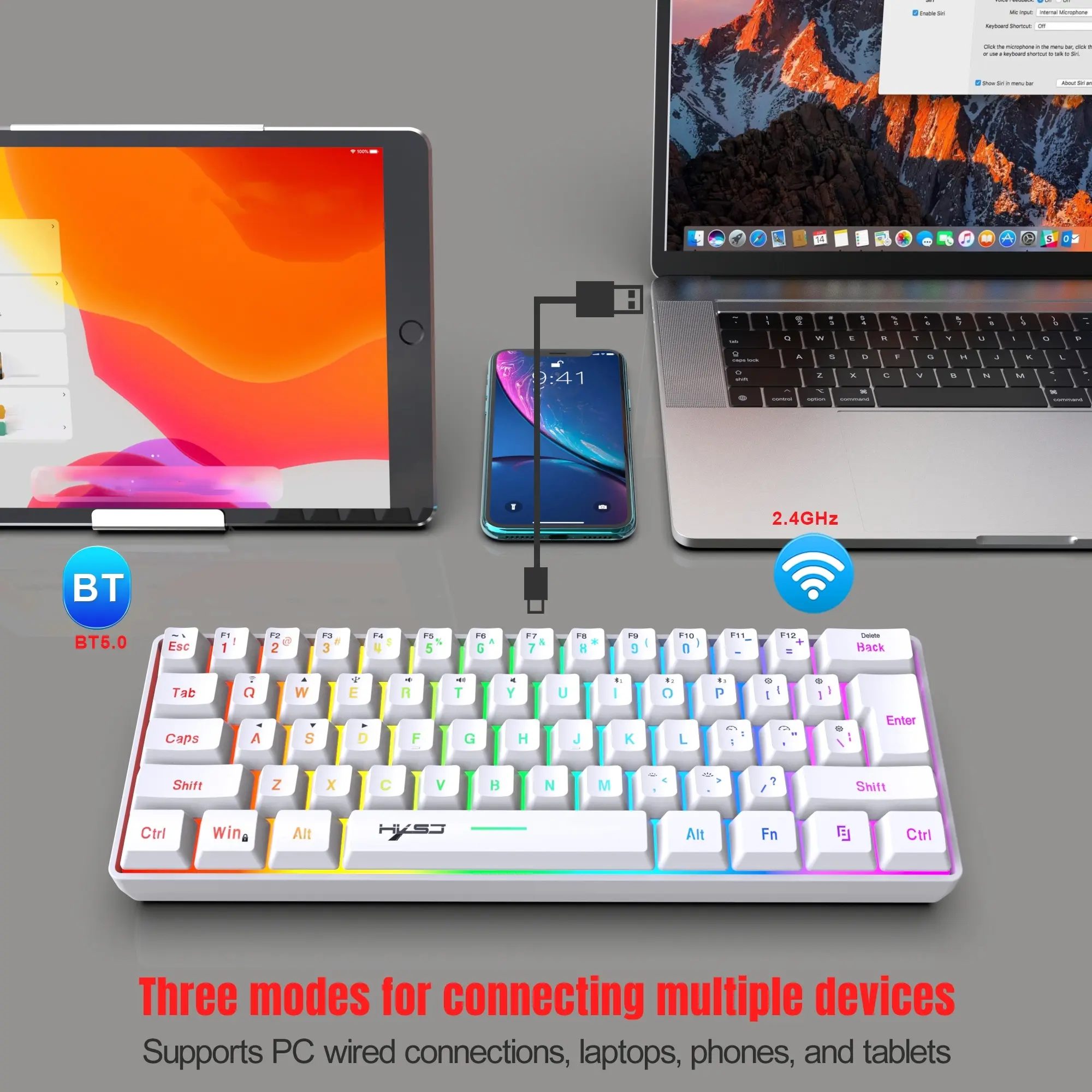 60% Wireless PC Gaming Keyboard, 61-key Triple Mode BT5.0/2.4G/USB-C Wireless Keyboard, RGB Backlit Ultra-compact Mini Keyboard for MAC Windows