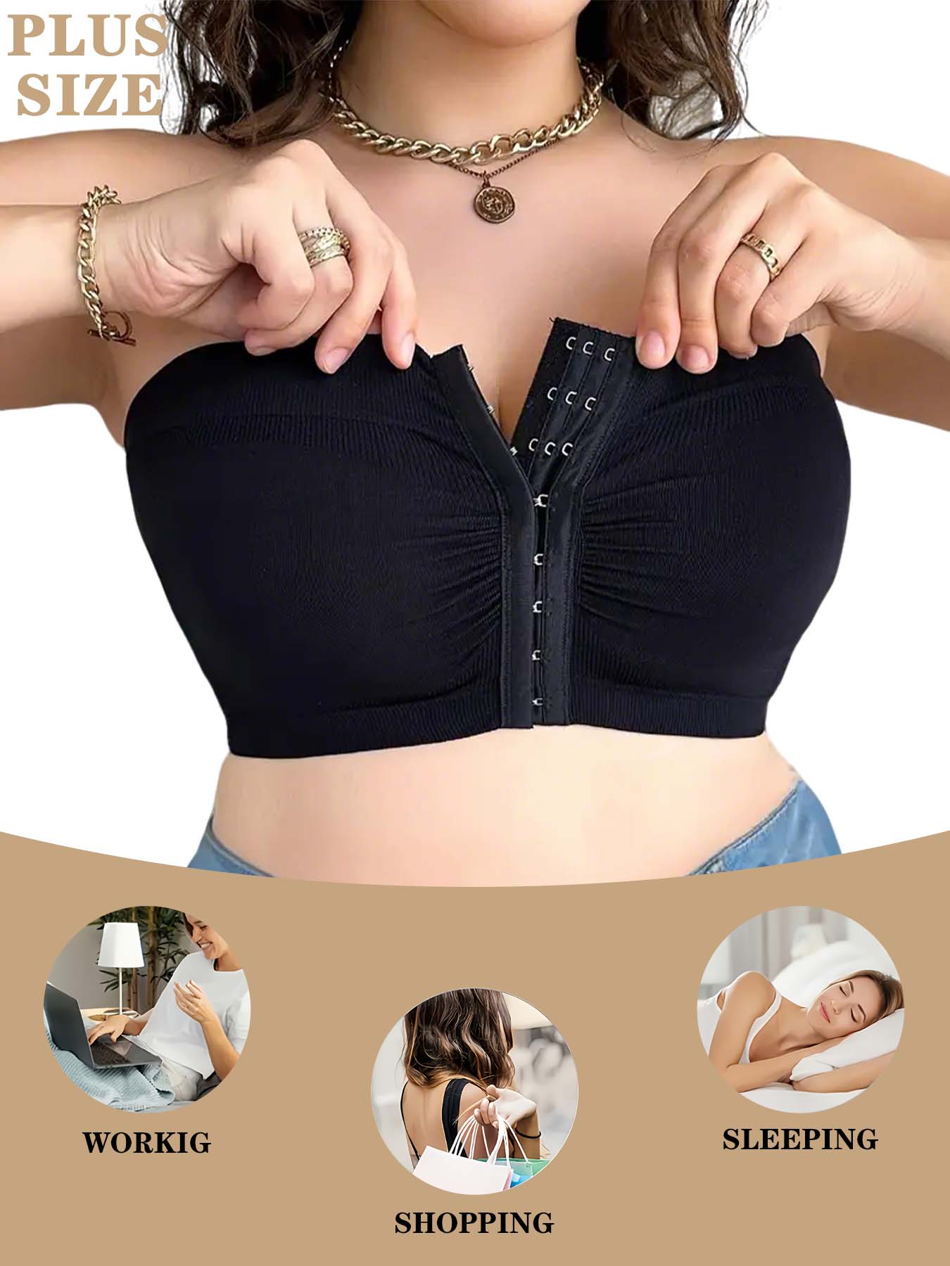 Plus Size Front Closure Wireless Bra, Comfortable Breathable Bandeau Sports Bra, Full Coverage Slimming Design, Workout Yoga Bra