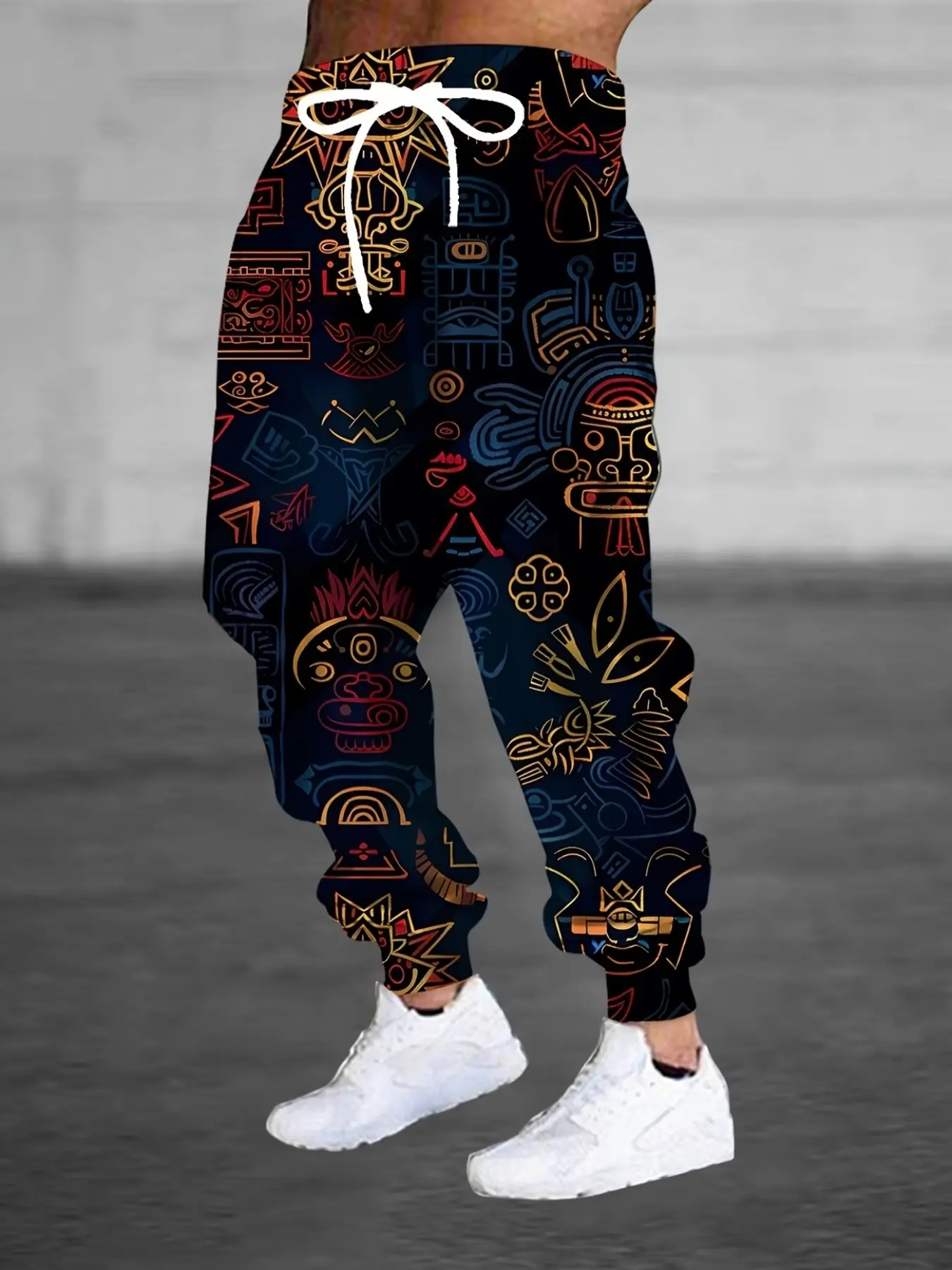 Men's Fashionable 3D Abstract Tribal Pattern Print Sweatpants, Mid Waist Ankle Length, Casual Fitted Knit Pants with Drawstring and Pockets, Casual Wear Bottoms