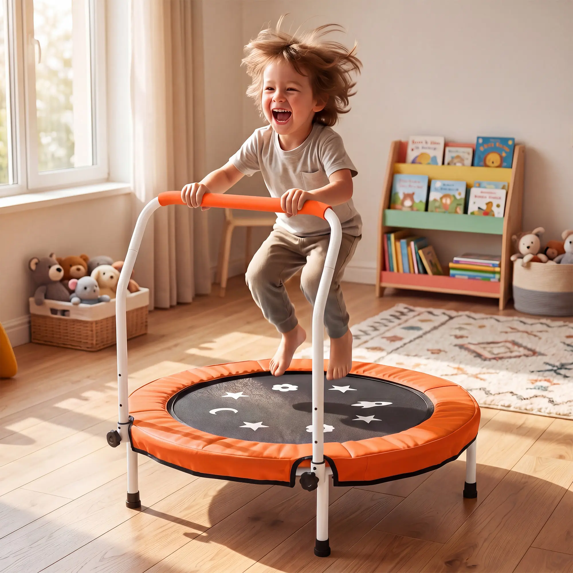 36 Inch Kids Mini Trampoline with Adjustable Handlebar - Foldable Toddler Rebounder Trampoline with Safety Padded Cover, No Gap Design, 100 lbs Capacity for Indoor Outdoor