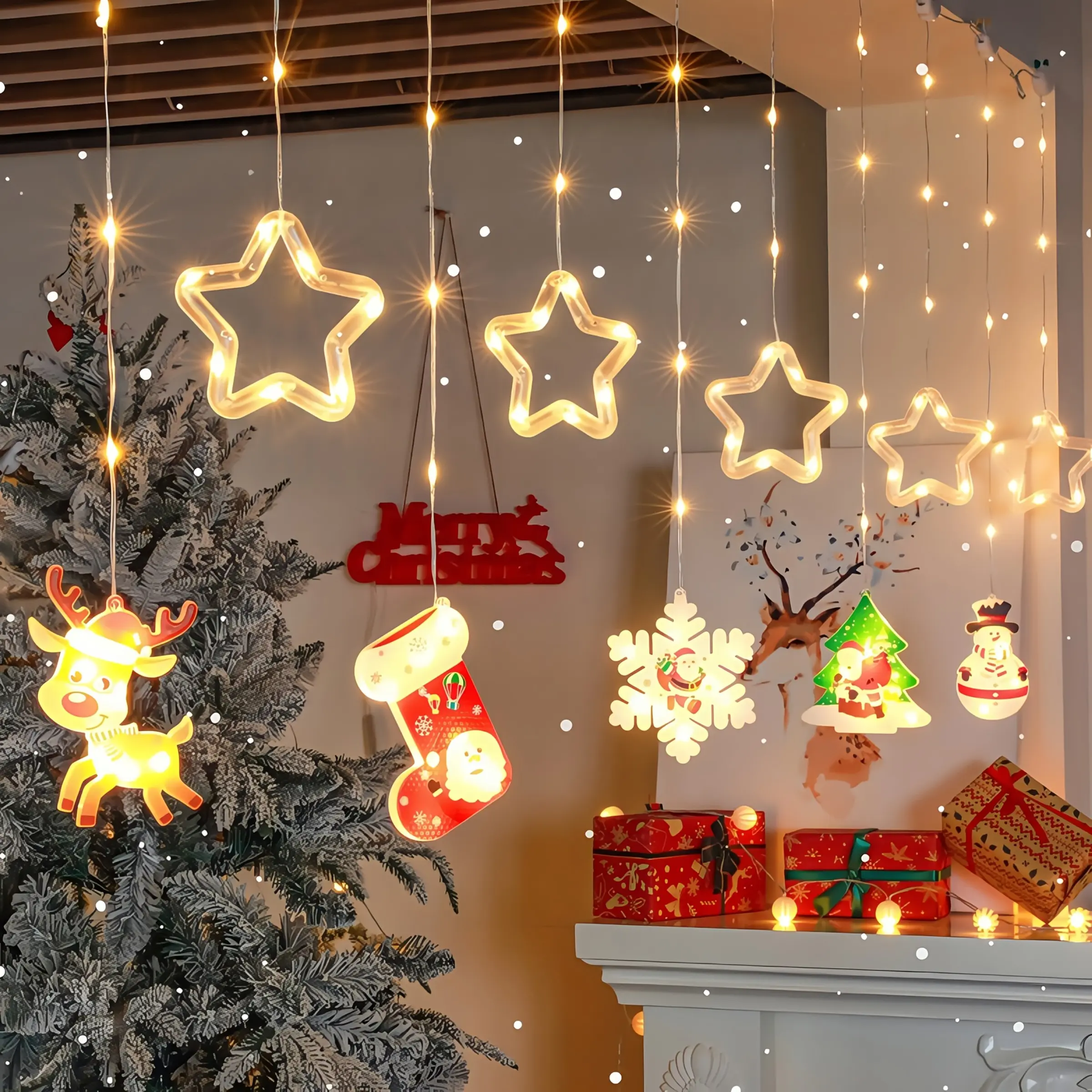 Christmas LED Curtain Icicle String Lights, 8 Lighting Modes Battery Box Powered(No Battery Included), Glowing Santa Hanging Ornaments, Indoor Outdoor Window Home Party Decor, Holiday Gift Ambient Light