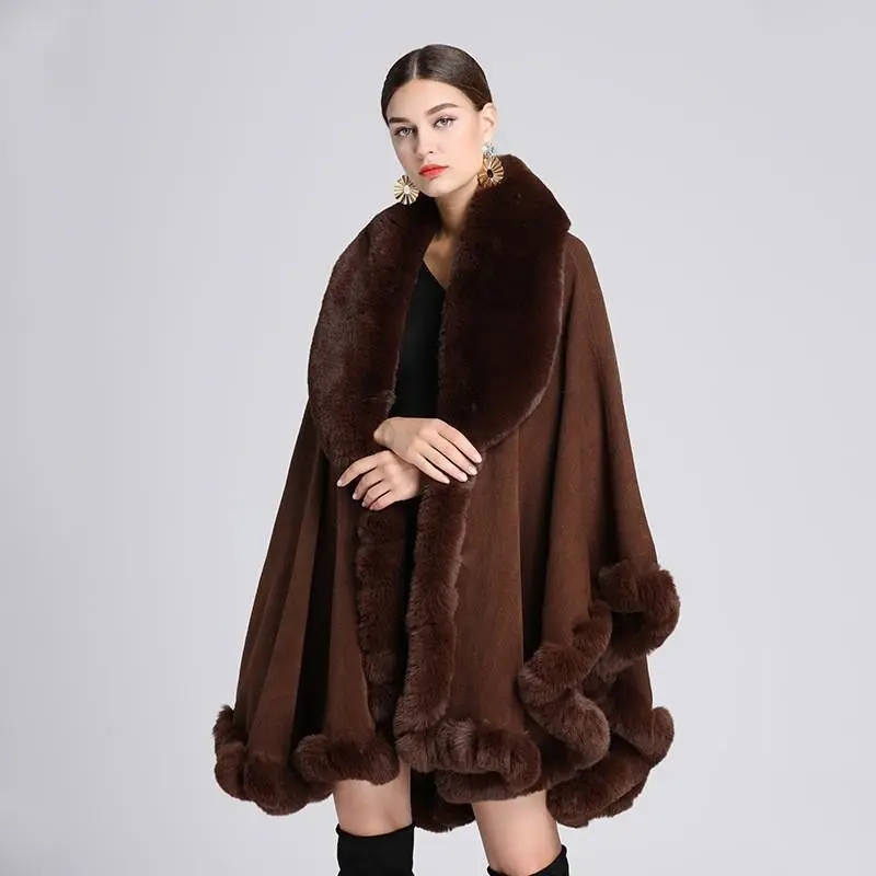 Women Cloak Coats Jackets Capes Mid Length Coat Thick Warm Fur Collar Ponchos Y2k Streetwear Jacket Elegant Autumn Winter