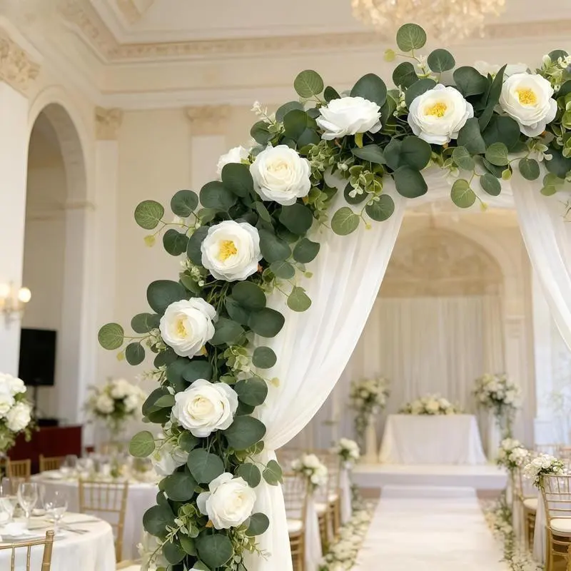 A new set of 70-inch eucalyptus rose wreath, artificial plants, realistic roses, suitable for Christmas home decoration, wedding and engagement table decoration, is an ideal choice for parties and interior wall backgrounds, Table Centerpieces