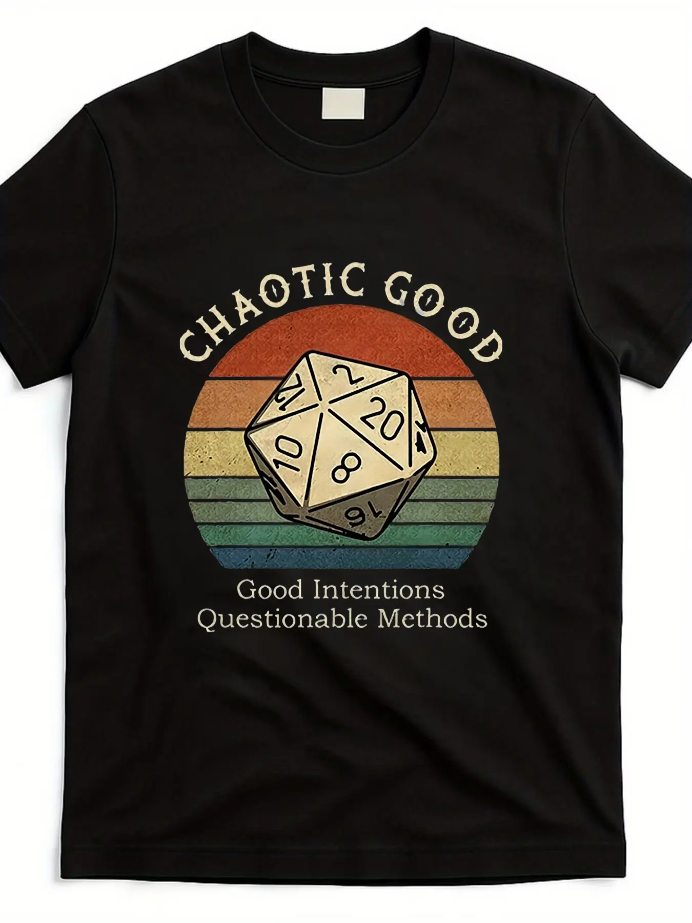 [D20 Dice Print Tee] Chaotic Good" Vintage D20 Dice Print T-Shirt, Crew Neck Short Sleeve, Dungeons & Dragons Tabletop Game Themed Top, Daily Wear for Tabletop Game Enthusiasts, Vintage Distressed Style Short Sleeve, 20-Sided Dice Slogan Print, Outfit
