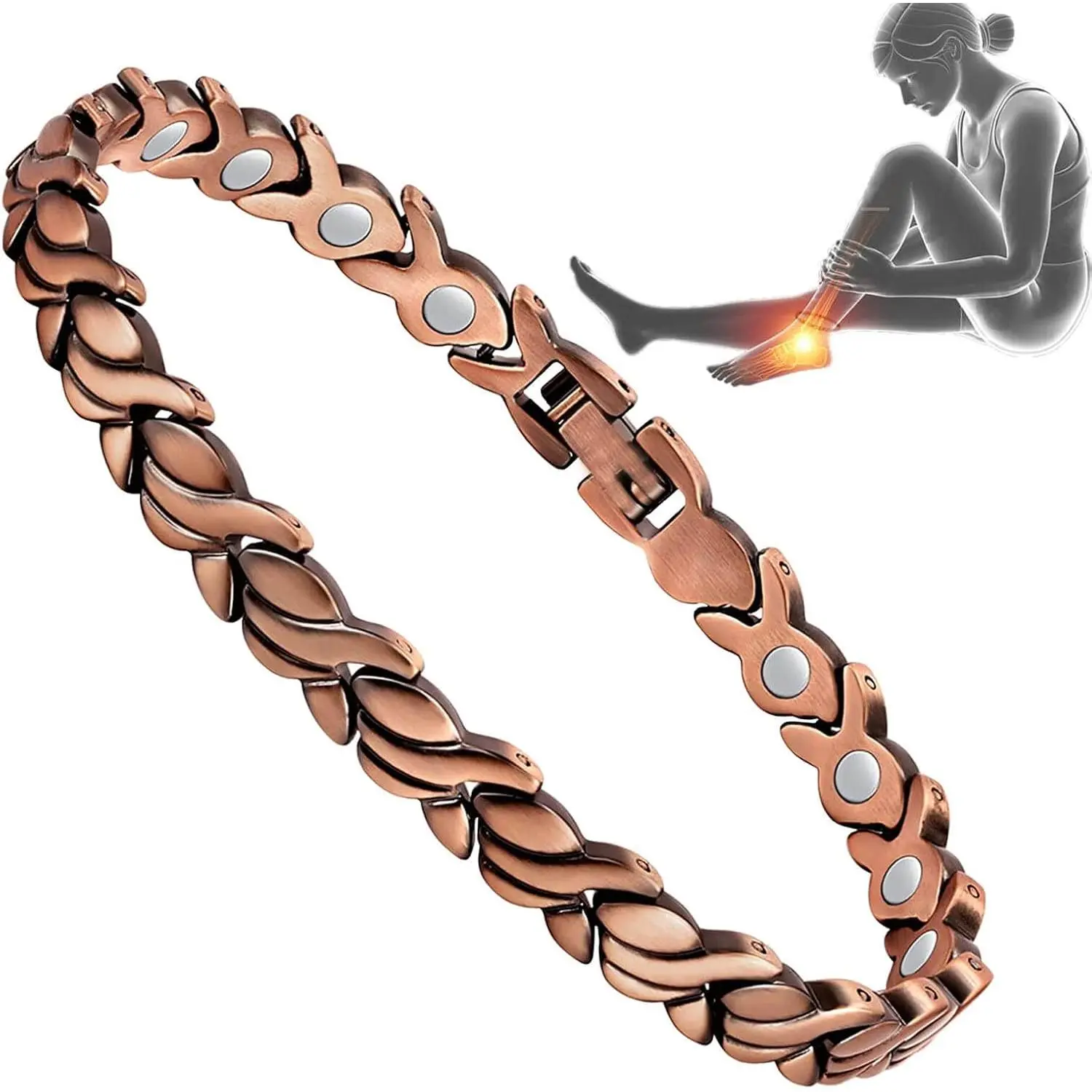 Pure Copper Magnetic Anklet Bracelet for Women, Adjustable Rose Gold Fish Tail Design, Hypoallergenic Jewelry Gift