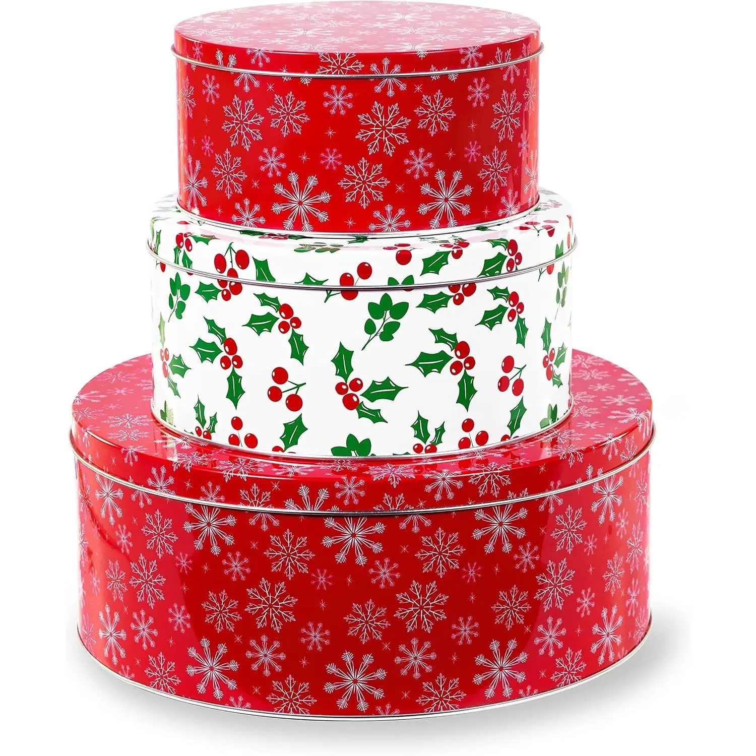 Round Cookie Tin Set of 3, Snowflake & Holly | Christmas Cookie Tin Containers with Lids, Festive Holiday Treat Boxes for Gift Giving & Baking, Metal Nesting Containers