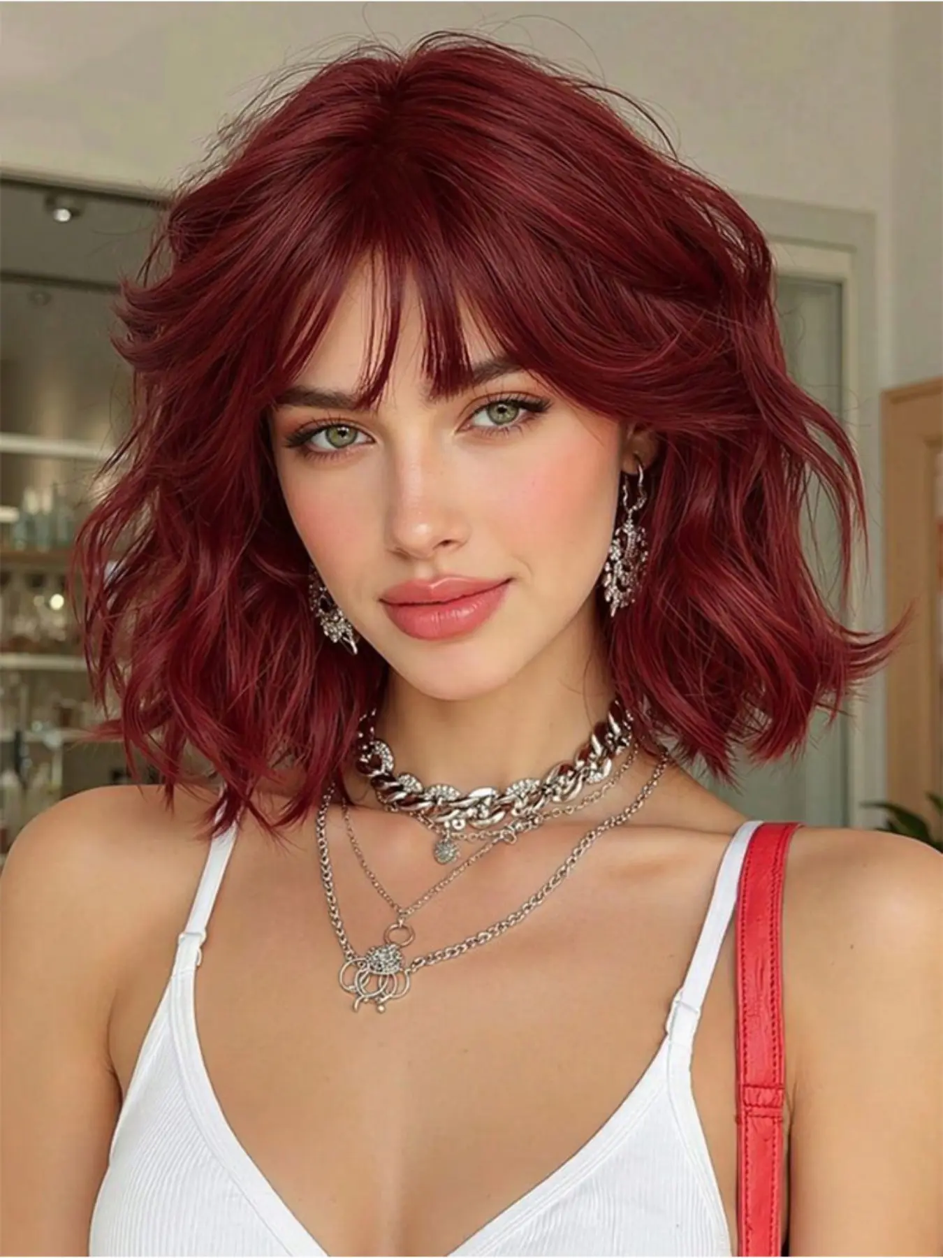 Short Curly Bob Wig with Bangs, Wine Heat Resistant Synthetic Wig, Wavy Synthetic Material Wig, Heat Friendly Wig, Natural Looking Daily Party Hair Wig for Women, Heat Resistant Wigs
