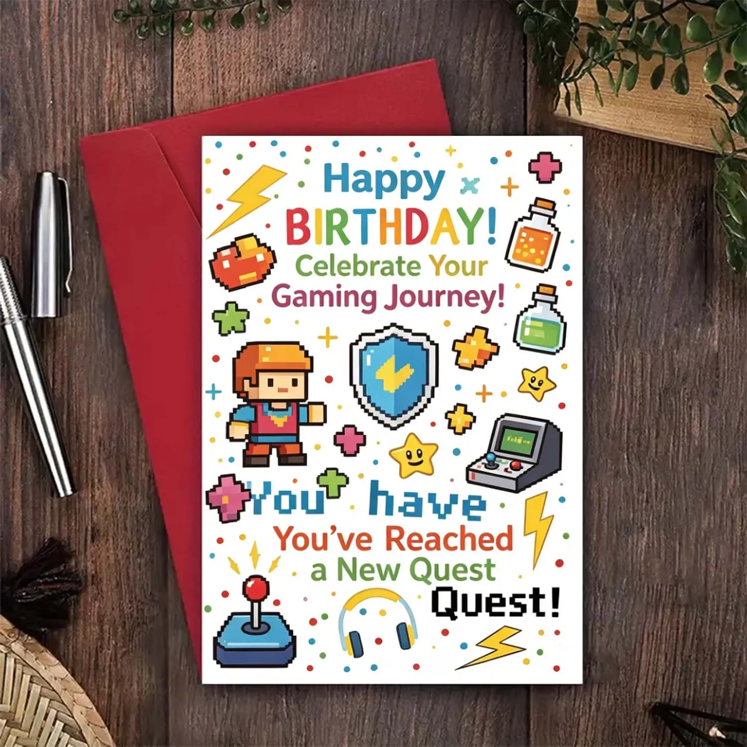2Pcs High-Quality Pixel Wind Game Themed Office Stationery Set - 1 Card + 1 Red Envelope, Classic, Fashionable, Lightweight, Easy to Carry, Ideal for Office Preparation, Personal Use, Birthday Greetings