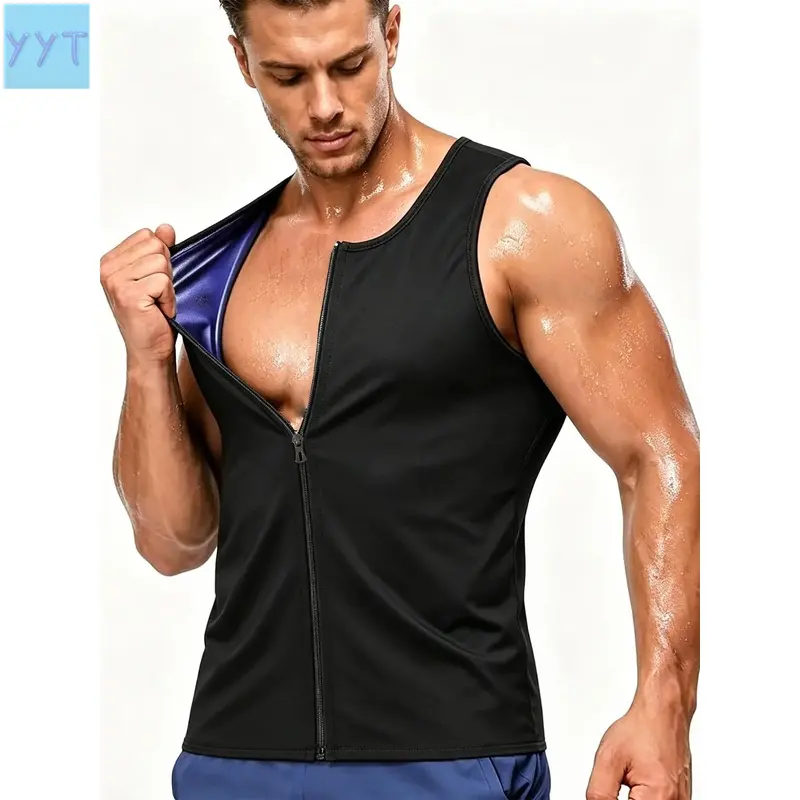 YYT1  Men's Heat Trapping Zipper Sauna Vest Compression Enhancing Shirt Workout Gym Shapewear Top Activewear Sleeveless BLUEAND BLACK(S-XXXL)