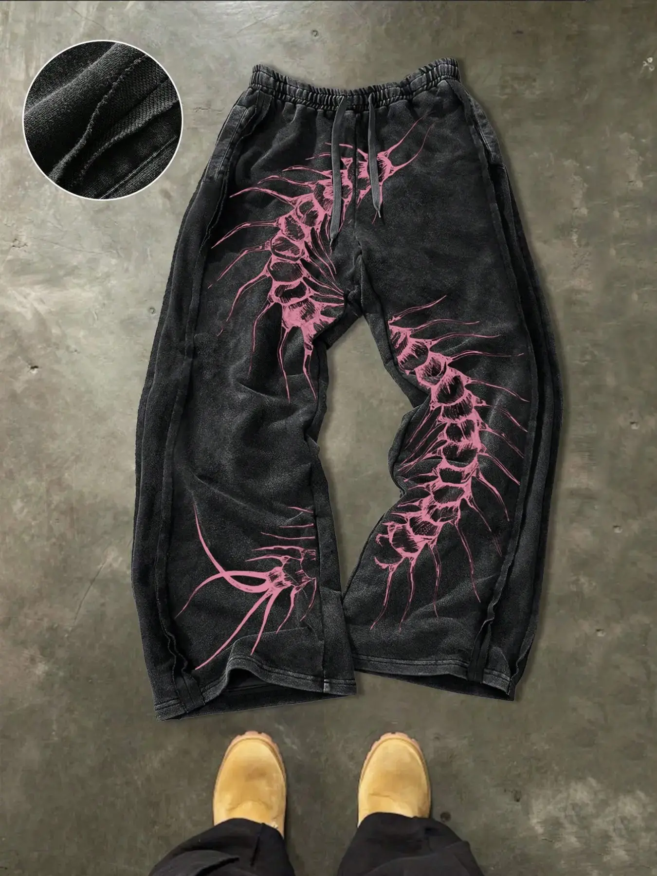 Men's Washed Vintage Centipede Print Wide Leg Sweatpants, Casual Fitted Pants for All Seasons, Comfortable and Stylish Regular Length