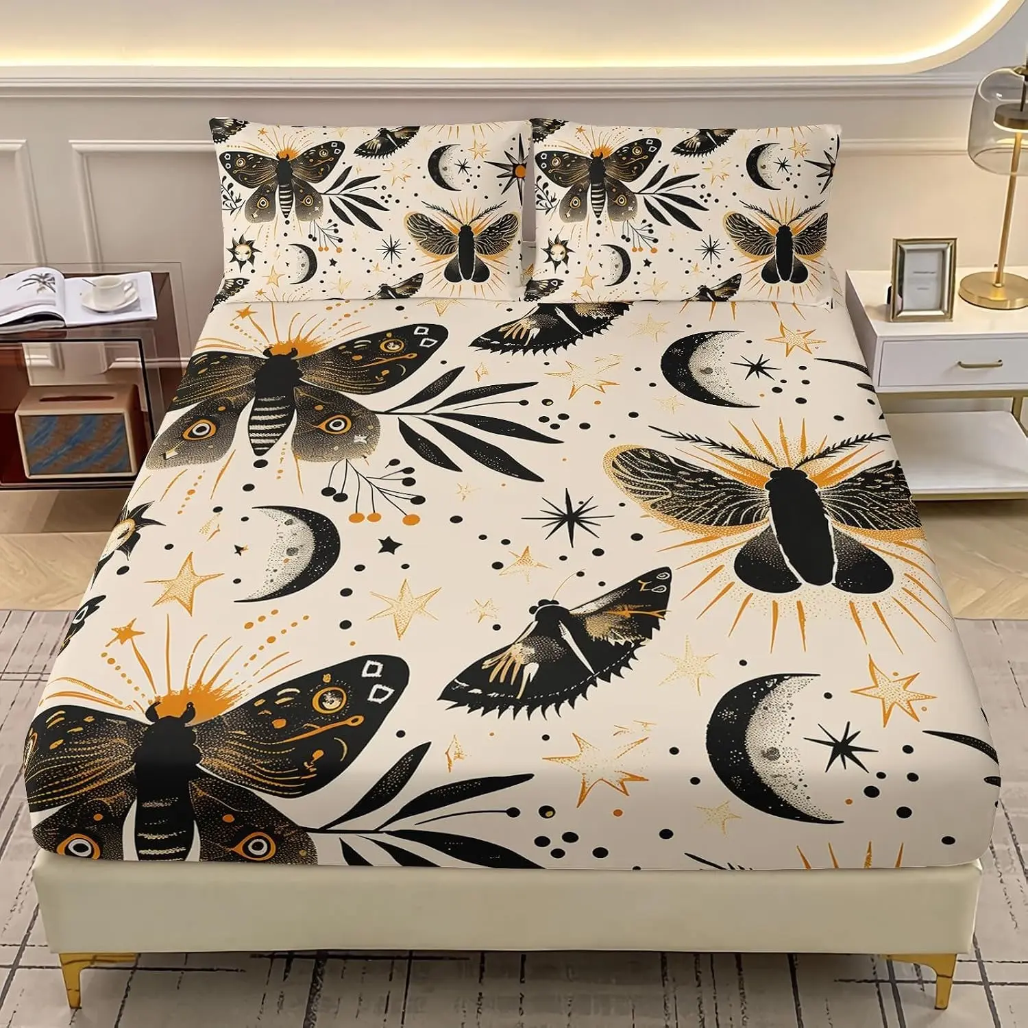 Death Moth Theme Extra Large Twin Bed Set, Moon Sun Pattern Bohemian Style Soft Deep Pocket Sheet, Includes Two Pillowcases, Unisex, 3-Piece Set, Polyester Bedding