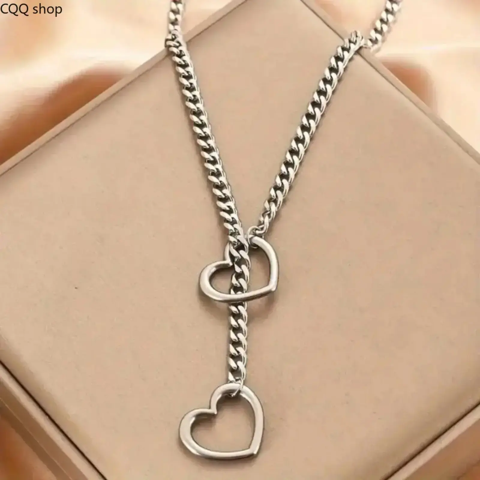 Unisex 15g Adjustable Stainless Steel Cuban Chain Necklace - Punk Hardcore Simple Heart Cut-Out Jewelry for Women, Gold-White Costume Accessory for Daily, Party Wear, Stainless Steel Necklaces