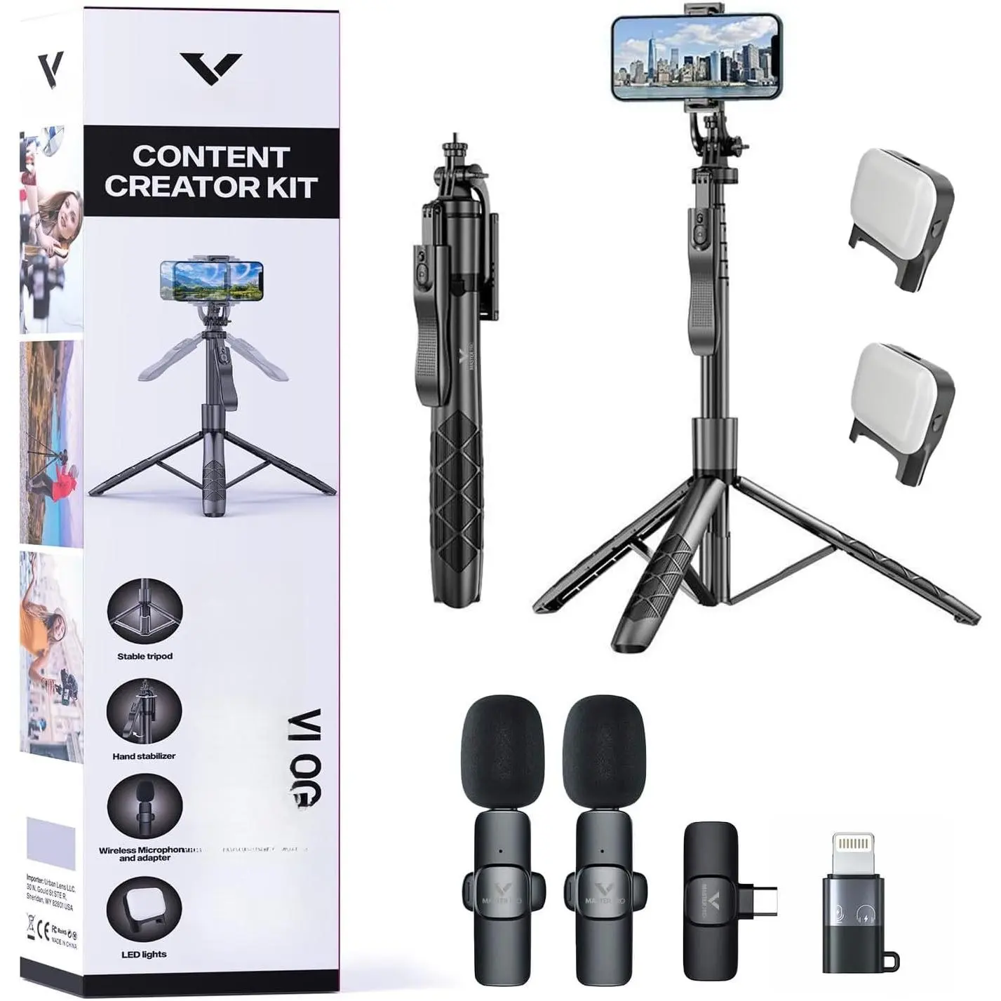logging Kit for , YouTube  Podcast ideo Recording Starter Kit for Content Creators, Equipment: Full Size Tripod, Phone Stabilizer,  Microphones & LED Lights