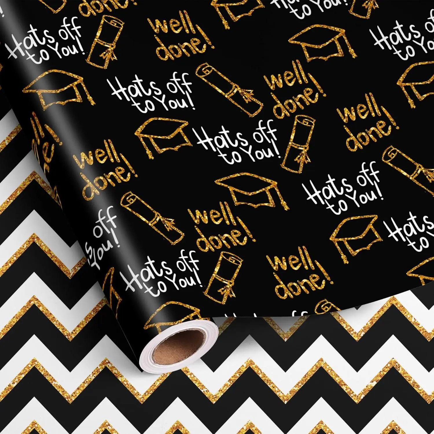 Reversible Graduation Wrapping Paper Set Rolls Black  Trencher Cap and Wavy Stripes  Wrap Sheets for Party Celebration Annusarily  to School  28.5sq.ft