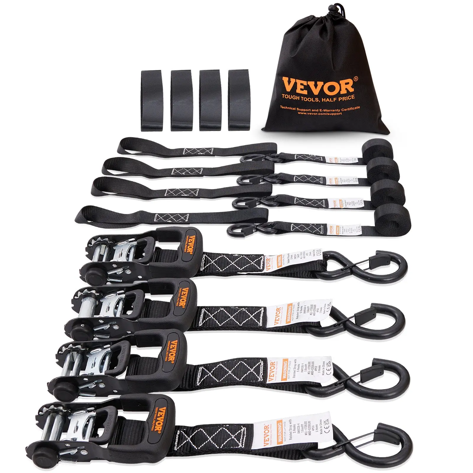 【DealsForYouDays】VEVOR 4PK Ratchet Tie Down Straps (XMRS38-4), 5208 lb Max Break Strength, 1738 lb Capacity, Polyester 1.6 in x 8 ft Padded Handle Straps (0.05 in Thick), Ratchets+Hooks, Safety Locks, Storage Bag for Vehicle Loading, Lawn Equipment, Cargo