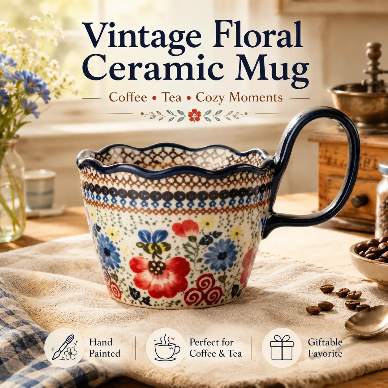 Vintage Floral Ceramic Mug with Large Handle, Hand Painted Coffee Cup for Women, Cute Tea Mug Aesthetic Drinkware, Cozy Cottagecore Mug for Coffee, Tea, Latte & Cocoa, Beautiful Gift for Mom, Friends & Tea Lovers
