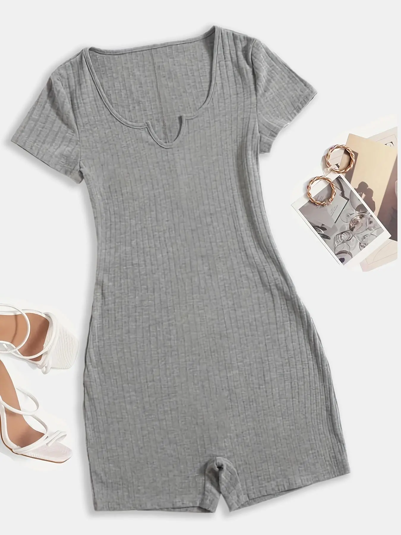 Women's Summer Casual Basic Fitted Short Sleeve Plain Surface Unlined Romper Bodysuit, Comfortable Everyday Wear, Perfect for Relaxing at Home