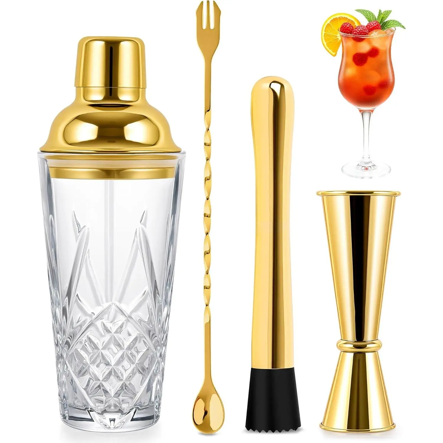 Glass Cocktail Shaker Set with Gold Lid,Cocktail Shaker Glass Kit with Built-in Strainer, Jigger, Bar Spoon & Muddler, Leakproof Glass Shaker for Home Bar, Cocktails, Martini, Gift(4-Piece)