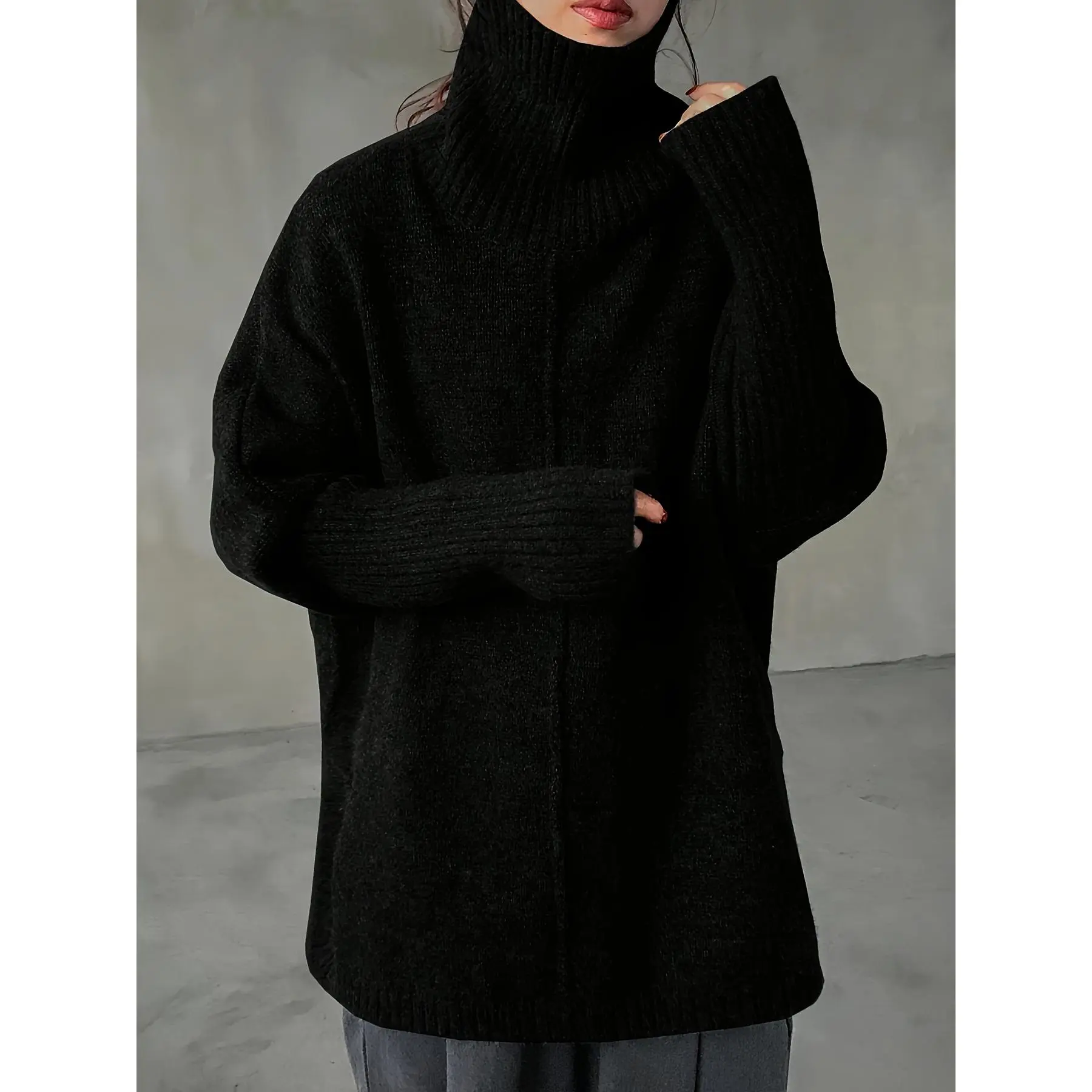 Plus Size - Plus Size - Dark Style Turtleneck Oversized Sweater with Drop Shoulders, Featuring a Relaxed Autumn And Winter Vibe And a Thick with a Split Hem