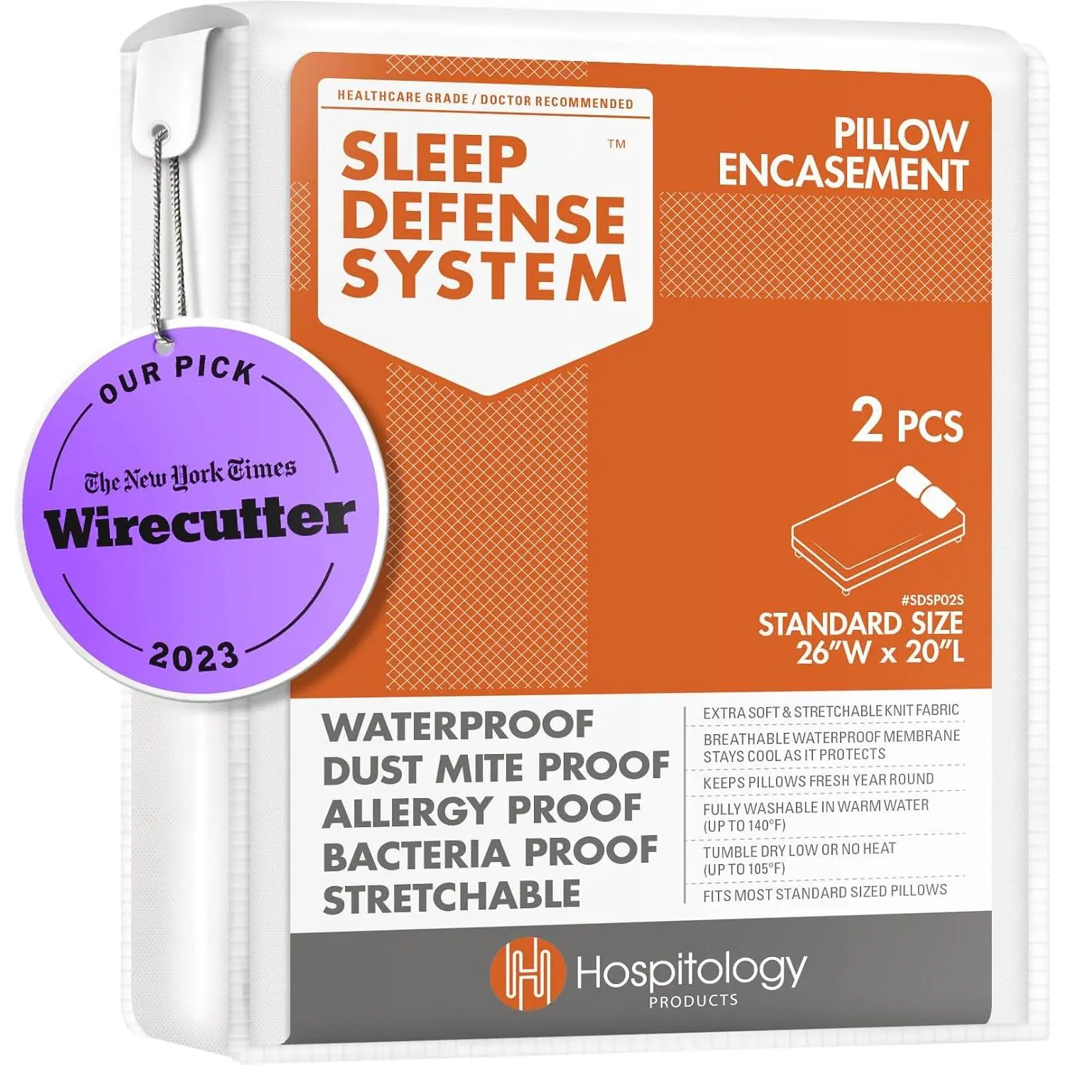 Zippered Pillow Encasement Bed Bug Dust Mite Proof Hypoallergenic Sleep Defense System Waterproof Standard Size 20" H x 26" W Set of 2